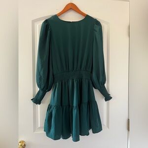 Entro Green Smocked Waist Midi Dress Long Sleeve